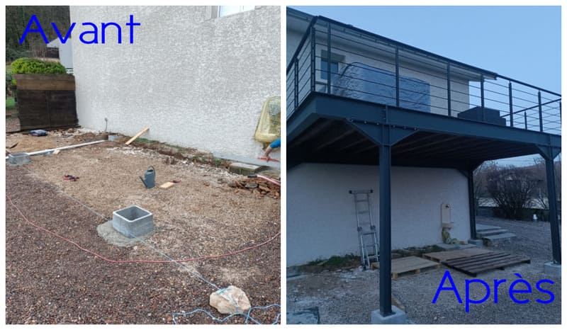 Photo côte à côte, avant et après, d'une terrasse sur pilotis